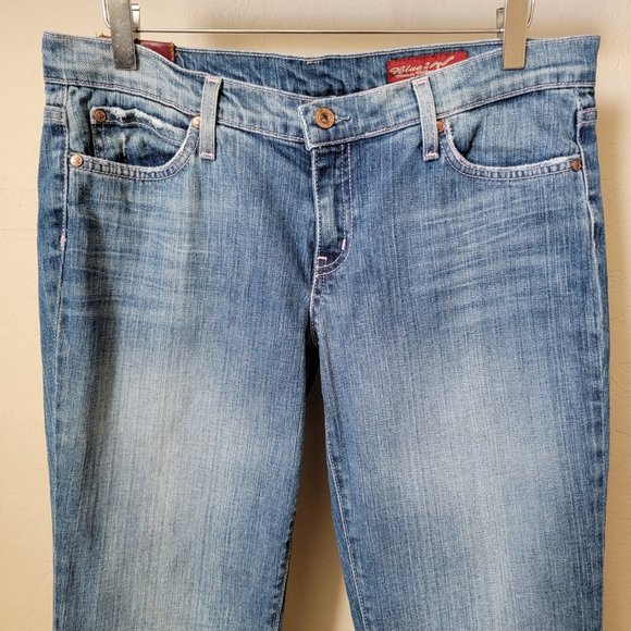 Blue 2 Medium Wash Pink Stitching Distressed Flare Denim Jeans - Picture 4 of 14